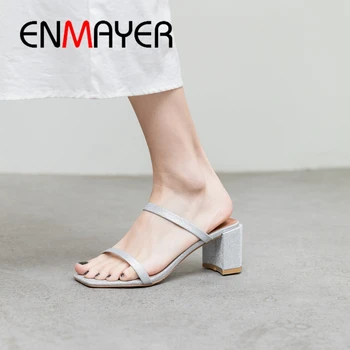 

ENMAYER 2019 Women Fashion High Heel Sandals Genuine Leather Basic Casual Slip-On Solid Summer Shoes Size 34-39 LY2041
