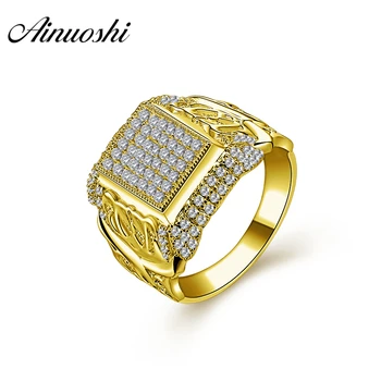

AINUOSHI 14K Solid Yellow Gold Wedding Band Intricate Pattern Square Cluster Ring Wedding Engagement Jewelry Real Gold Men Ring