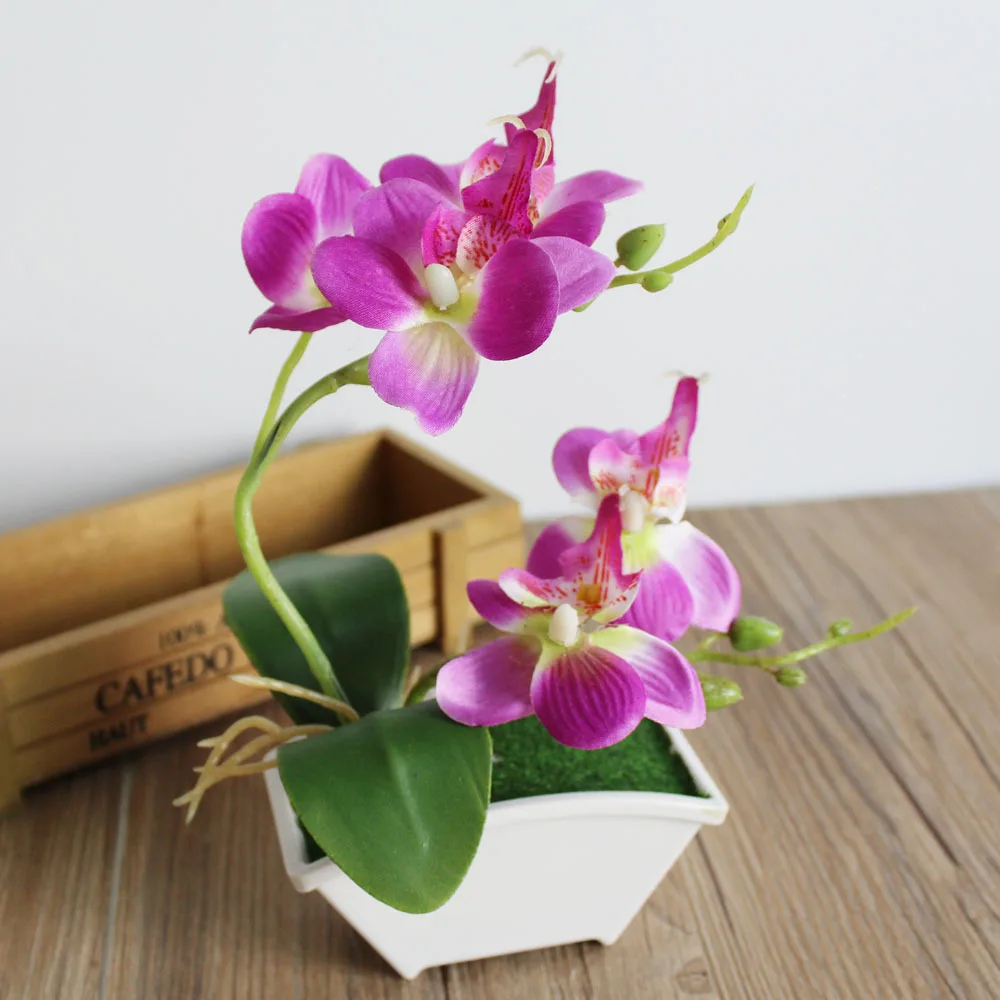 Весенние искусственные шелковые цветы орхидеи Бонсай с вазой Набор для украшения стола поддельные Растения Дерево бабочка Орхидея лист свадебный цветок - Цвет: purple
