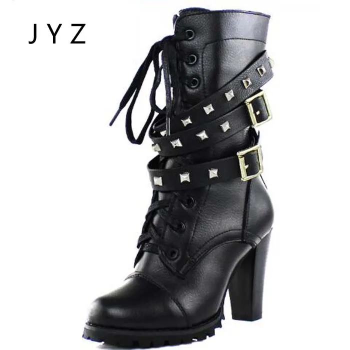 Goedkoop Fashion New Womens Laarzen Hoge Hakken Klinknagels Lace Up Casual Schoenen Lady Maat 40 41 42 aa0108