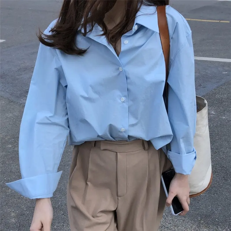 

HziriP Women Casual Full-Sleeved OL Simple 2019 Summer Loose Fashion Fresh Solid Office Ladies Thin Elegant Tops Free Shirts