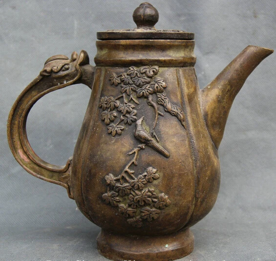 

276@g++8" Old Chinese Palace Copper Tree Leaf Bird Dragon Handle Wine Tea Pot Flagon statue