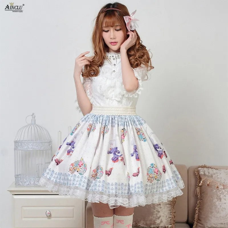 

Ainclu Sweet Princess Lolita Lace Skirts Blue Cute Soft Rabbit Printed Polyester Pleated Cosplay Lolita Skirts XS-XXL