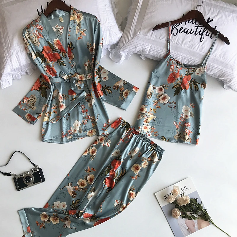 Комплект из 3 предметов, пижама с принтом, пижама, домашний костюм, женское белье, пижама для невесты, атласное кимоно, цветочный халат, femme