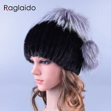 

Raglaido Stylish Womens Fur Hats Hand knitted Real Mink Fur Winter Hat with fox fur pompom ball caps fashion beanies LQ11193