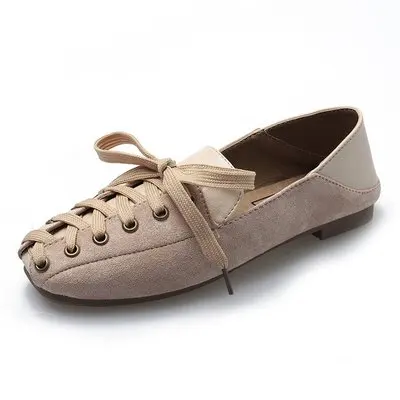 EOEODOIT модные Повседневное кроссовки квадратный носок обувь из кусочков кожи на шнуровке Для женщин обувь на плоской подошве универсальные новинка, обувь на плоской подошве - Цвет: beige