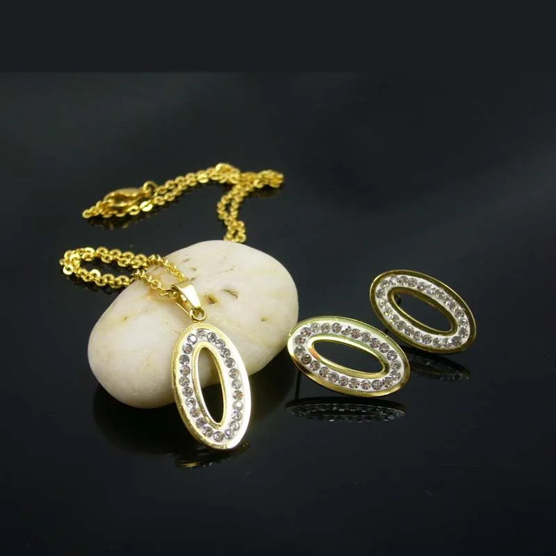

Full Stone O Pendant Necklace Earrings Gold Color Stainless Steel Jewelry Sets