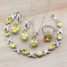 Изумительный богемный стиль, желтый кубический цирконий, 925 серебряные ювелирные наборы, Женский молодой костюм, серьги/ожерелье/браслет и кольцо, наборы
