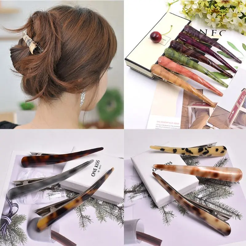 

Minimalist Retro Women Horn Duckbill Hair Clip Acrylic Colored Stone Textured Long Stick Hairpin Makeup Ponytail Holder Hairpin