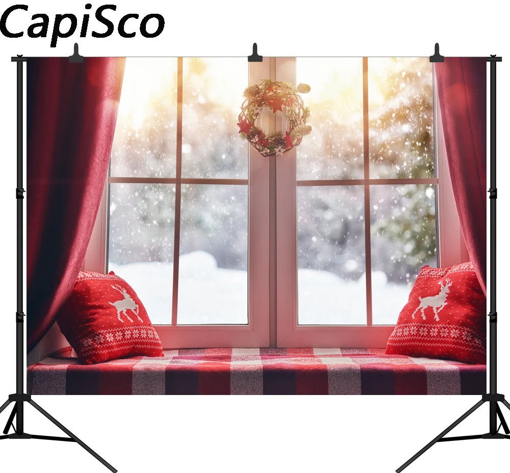 

Capisco photography backdrop Christmas window wreath winter snow background photocall photoshoot prop custom photobooth