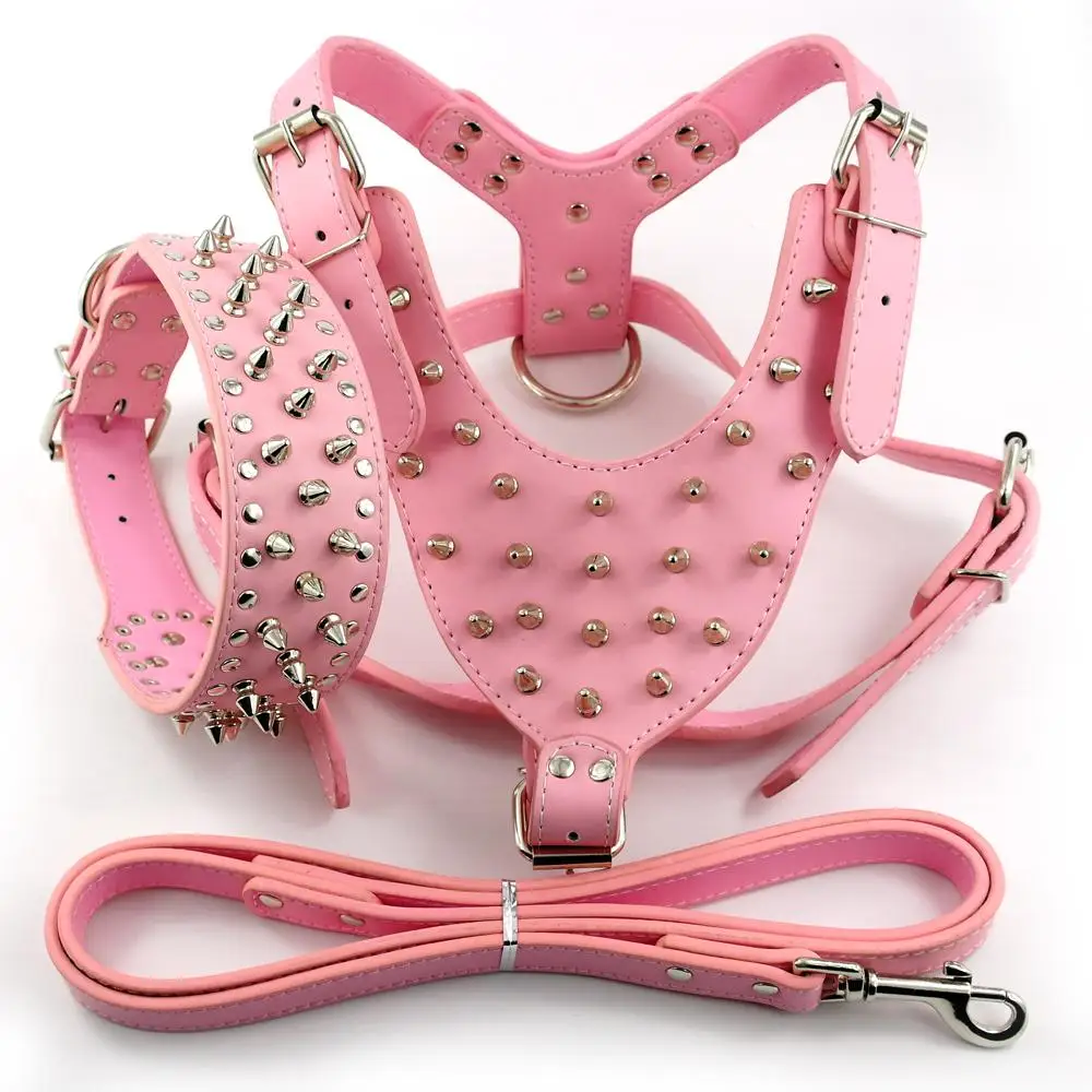 3 Sizes Pink Fashonable PU  Leather Soft Studded Dog Harness&Collar &LeashSet For Pitbull Bully