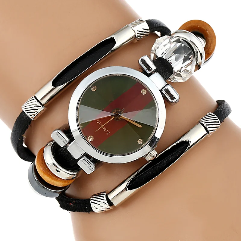 New Genuine Leather Watch Women Triple Bracelet Wristwatch Italian Style Green Coffe Stripes Fashion Reloj Para Dama Watch