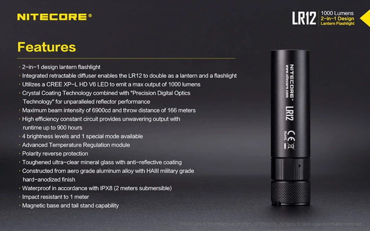 Оригинальное зарядное устройство NITECORE LR12 светодиодный фонарик конструкция «2 в 1 CREE XP-L HD V6 1000 люмен на 18650 Батарея для кемпинга