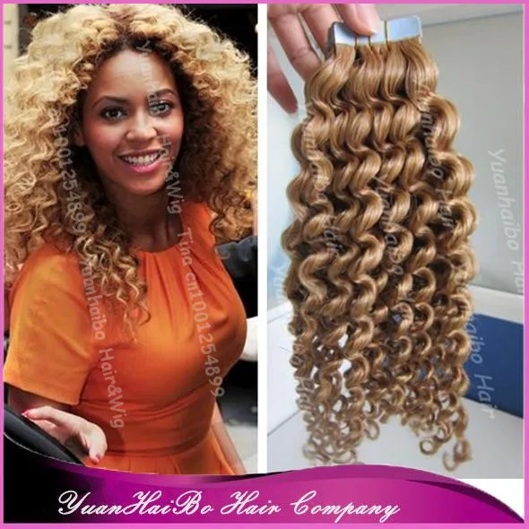 Top 7A Grade! 27 honey blonde virgin brazilian kinky curly tape hair extensions, 300gram, free