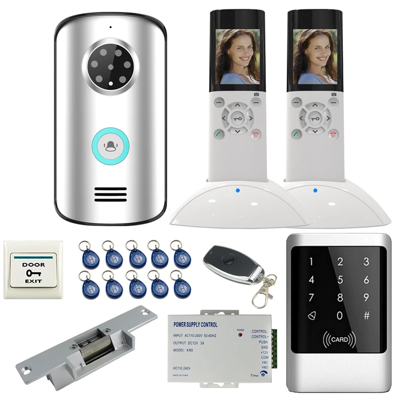 

JERUAN Wireless Video Door Phone Remote unlock Intercom system kit 2 indoor + Waterproof IP55 Camera +RFID Access controller
