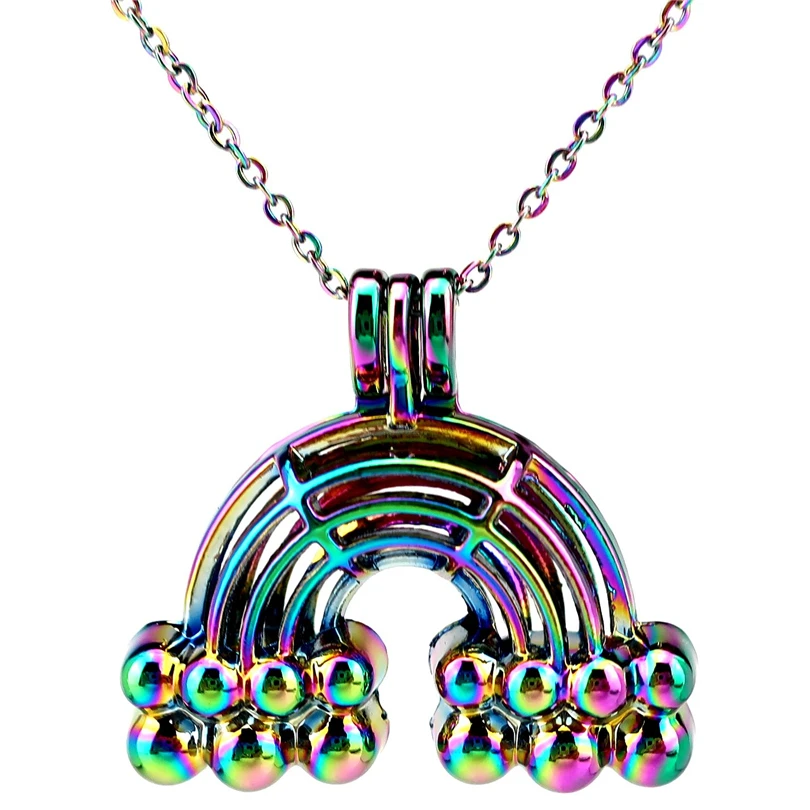 

C781 Rainbow Color Bridge Cage Pendant Locket Aroma Essential Oil Diffuser Locket Necklace