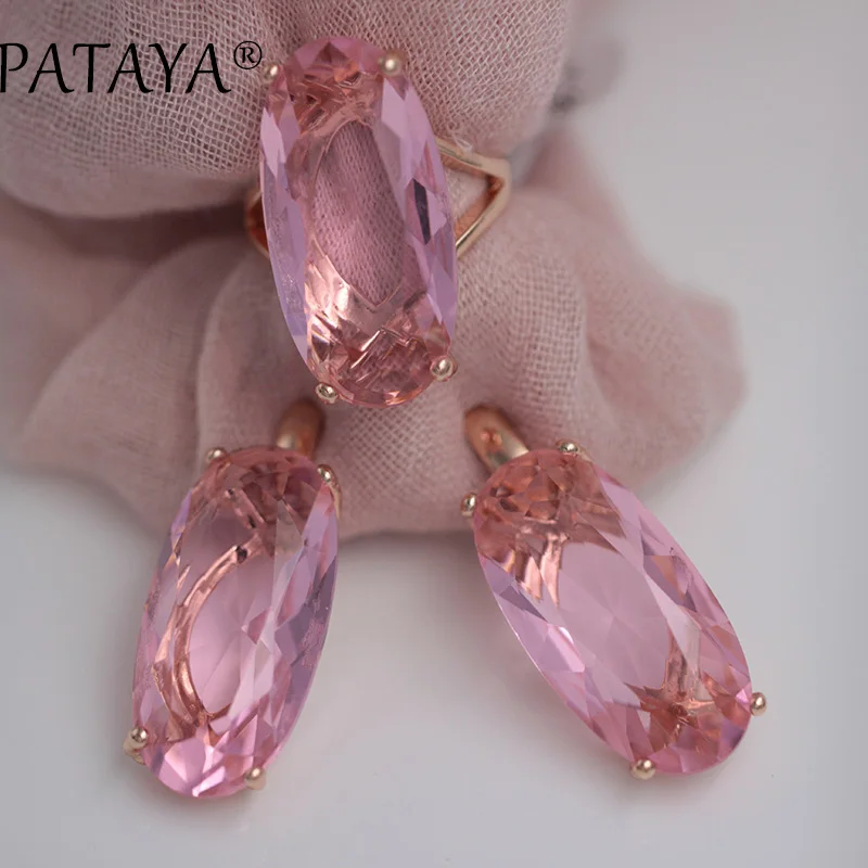 PATAYA изящный набор украшений для женщин модные свадебные благородные 585 розовое золото Овальный искусственный кубический циркон синие серьги кольца наборы - Окраска металла: Bright Pink