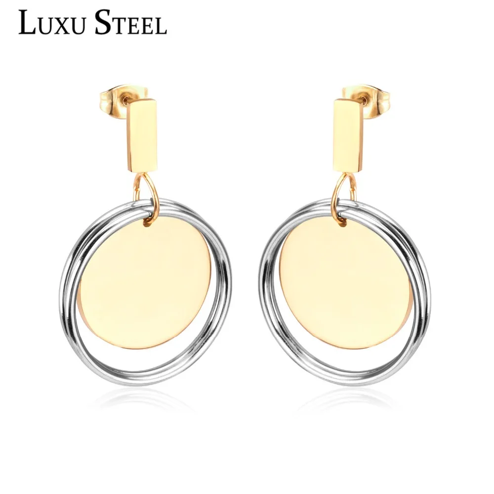 

LUXUSTEEL Bohemia Jewelry Stainless Steel Silver Multulayer Circle Mixed Gold Color Round Pendants Fashion Drop Earrings Female