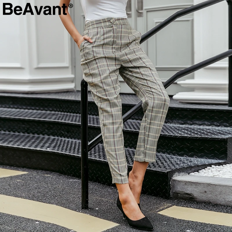 

BeAvant Elegant plaid women blazer pants Casual autumn winter streetwear female trousers High waist office ladies pants suits