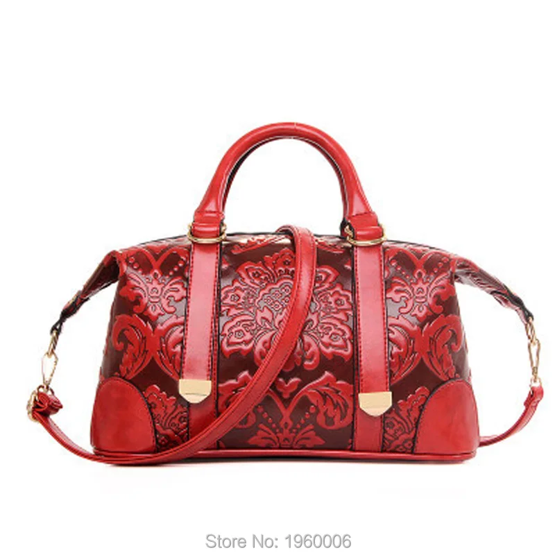 

Women Bag China Style Pillow Shape Ladies Boston Bag Embossing Flower Pattern Message Bag Noble Red Blue Green Business