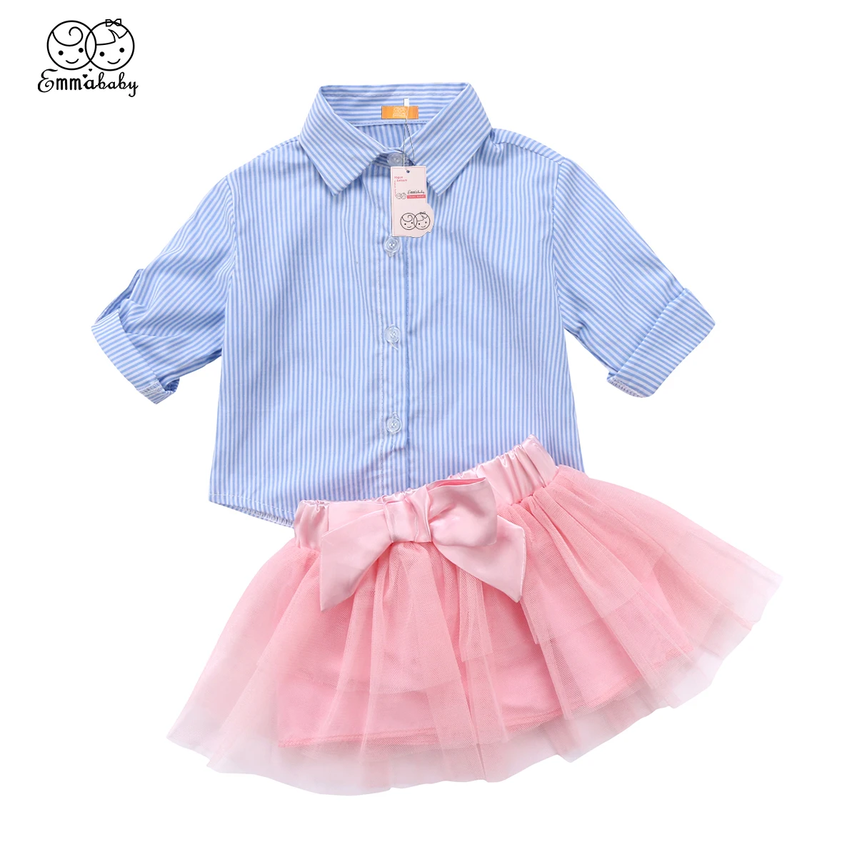 Toddler Kid Baby Girl Blue Stripe Short Sleeve Button Shirts Top Lace Tutu Skirt Outfits 2PCS Set Clothes | Мать и ребенок