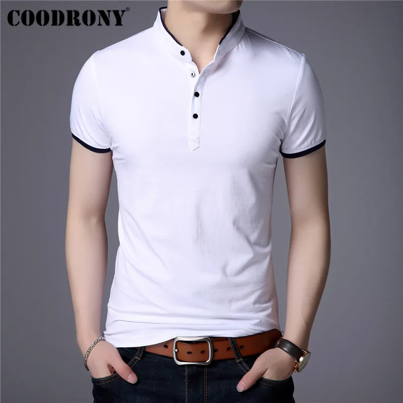 Online Camiseta de manga corta de algodón COODRONY ropa de hombre 2019 verano Casual de negocios con cuello mandarín camiseta de hombre que combina con todo S95092