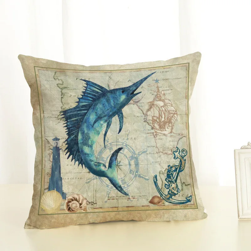 Sea Animals Printed Tortoise Cushion Cover 45x45cm Linen Jellyfish Throw Pillow Covers Blue Fish Pillowcases Hot Homewares Decor