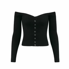 Винтажный французский стиль, длинный рукав, тонкий, однотонный вязаный Топ, футболка спереди, однобортный, на пуговицах, с вырезом лодочкой, Женский Топ, укороченная футболка