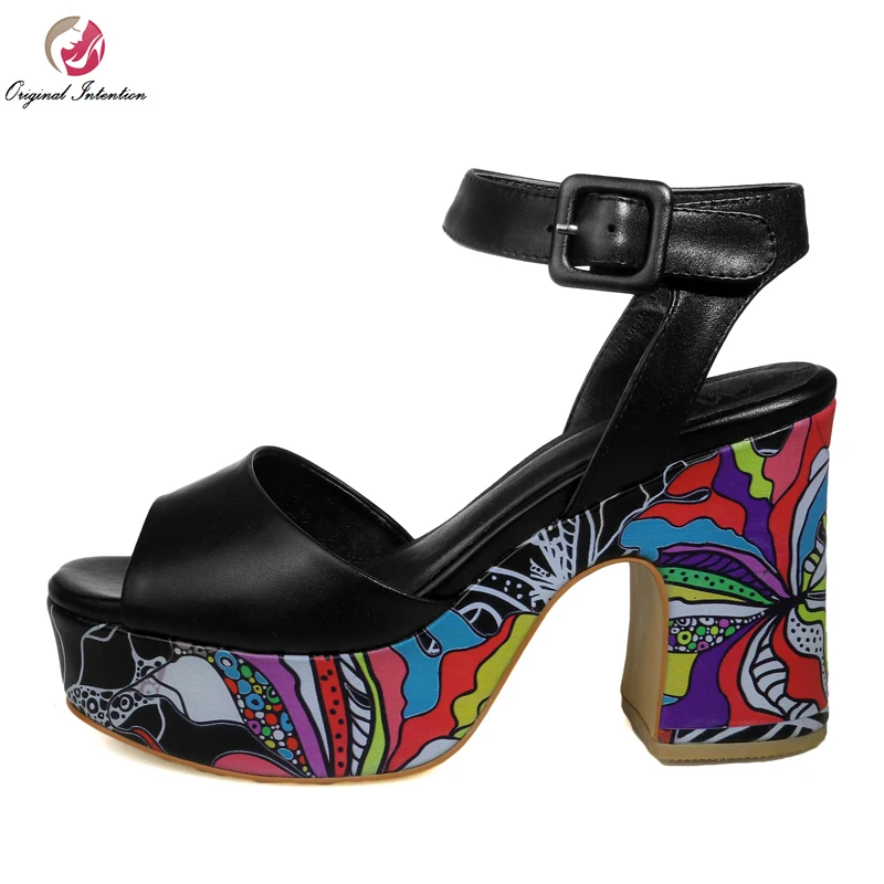 

Original Intention Women Sandals High-quality Cow Leather Open Toe Square Heels Sandals Black White Shoes Woman US Size 4-10