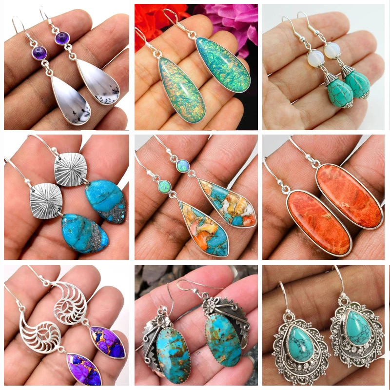 

Bohemia Vintage Long Drop Earring For Women Boho Jewelry Ethnic Natural Blue Turquoises Stone Earrings Pendientes Z5C257