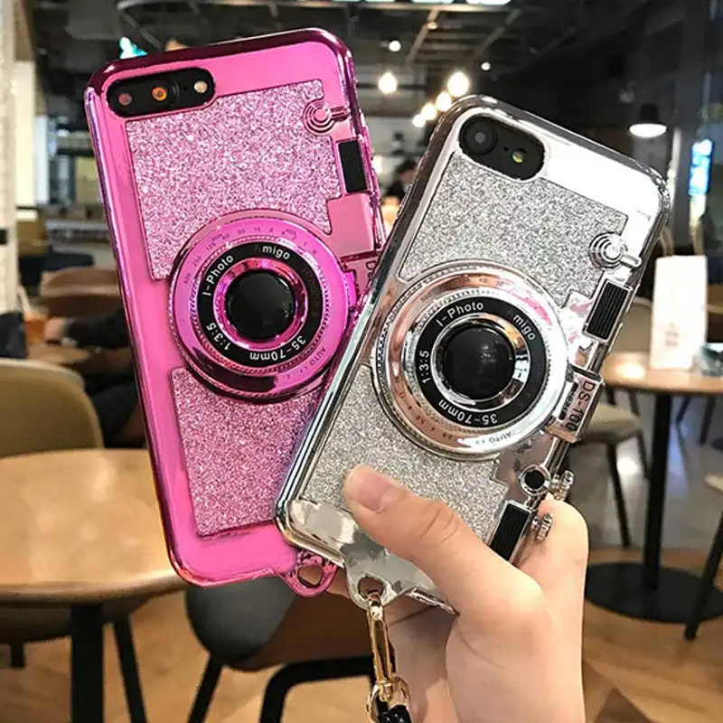 Luxury 3D Retro Camera Mirror Phone Case for Iphone X 6 6s 7 7plus 8 8plus glitter soft tpu Case