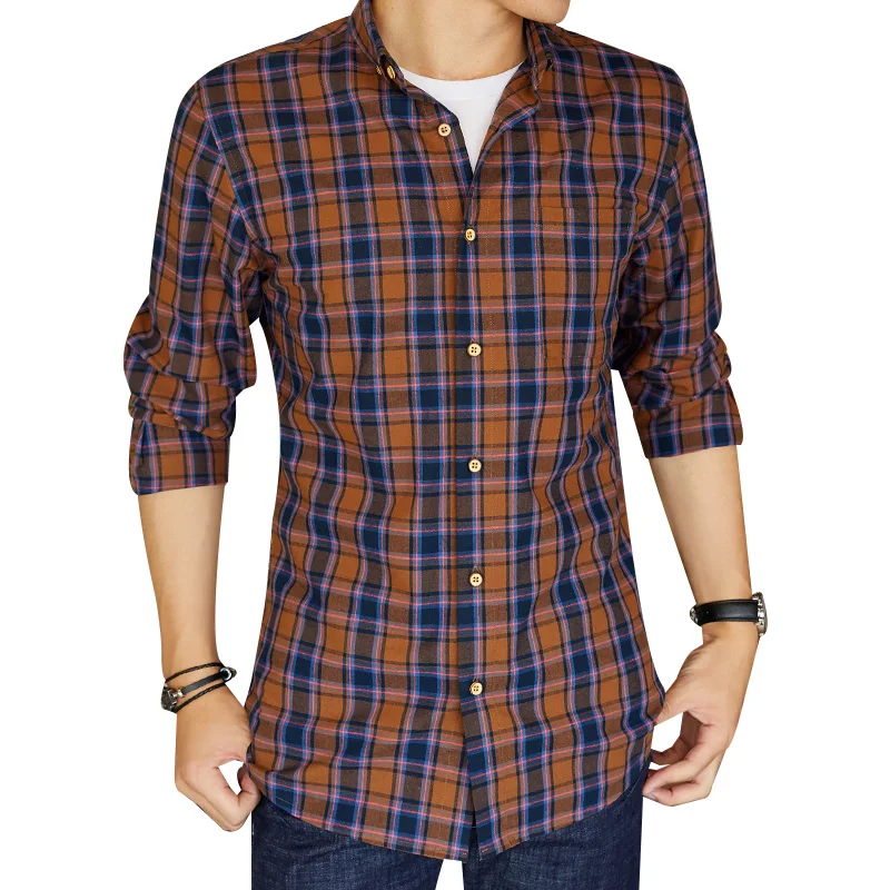 Men's Standard Fit Long Sleeve Plaid Checked Shirts Patch Left Pocket