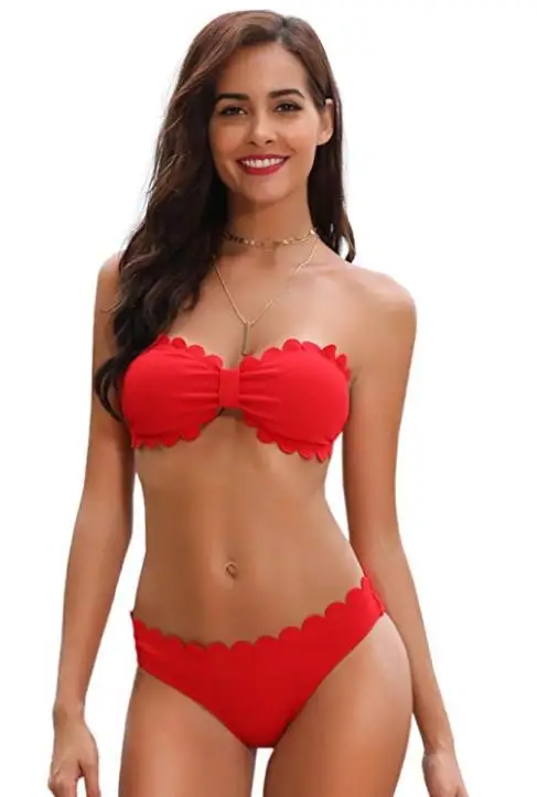 SHEKINI, женский сексуальный, волнистый, с отделкой, уплотненный бюстгальтер, бандаж, бикини, набор, треугольный, из двух частей, купальники, купальный костюм - Цвет: Rose Red