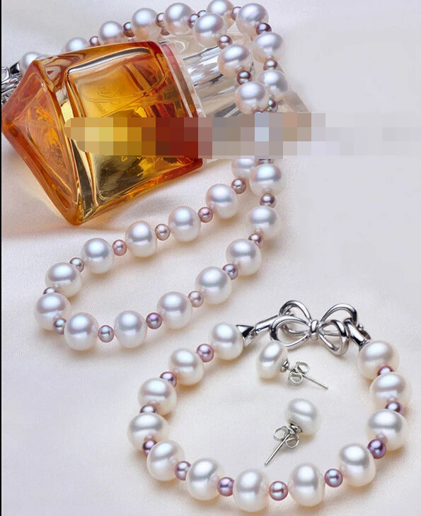 

charm Jew.657 Sets Cultured AAA 7-8mm White & purple 3mm Akoya Genuine Pearl Necklace (A0423) -Bride jewelry free shipping