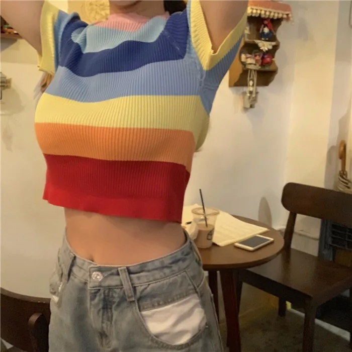 

Happy Girl Rainbow Color Block Knitted T Shirt Women Crop Top Sexy Short Sleeve Tee Shirt Femme Chemise Camiseta Feminina Camisa