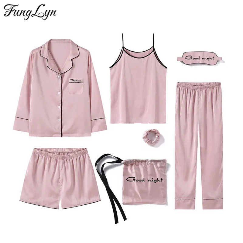 

FLC126 Sexy 7 Pic Pajama Set Silk Pijama Mujer Pijama Feminino Pigiama Donna Satin Pajamas Pyama Woman Night Suit Invierno Mujer
