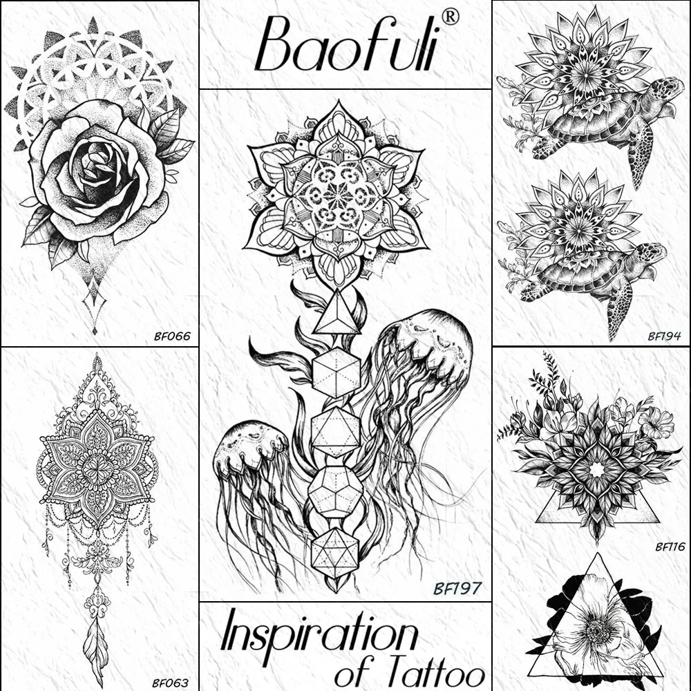 

Baofuli Rose Black Tattoo Waterproof Jellyfish Turtle Fake Tatoos Women Flower God Totem Temporary Tattoos Sticker Body Art
