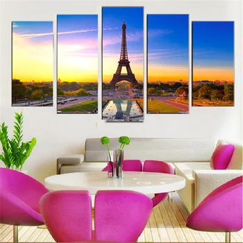 

5Pcs Group Canvas Painting Picture Iron Tower City Sign Scenery Print Poster Home Decor Wall Art Backdrop Picture Sitting Room