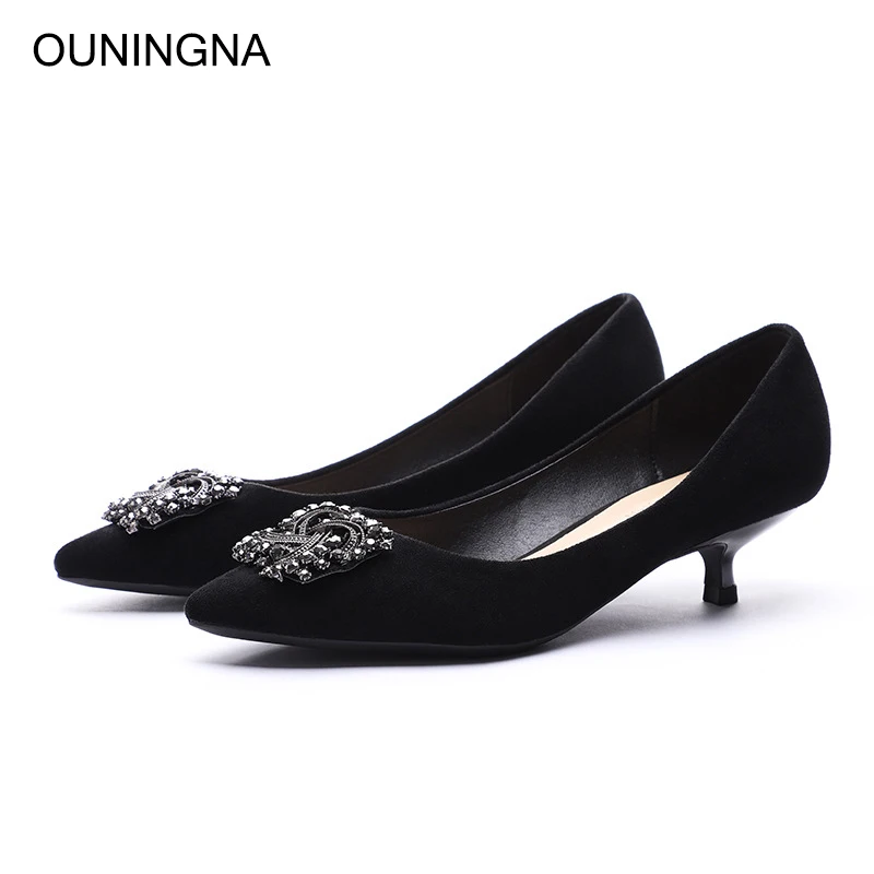 

OUNINGNA Brand 2019 Autumn New Elegant Shallow Flock Pointed Toe High Heels Office Lady Career Pumps Dress Shoes Free Shipping