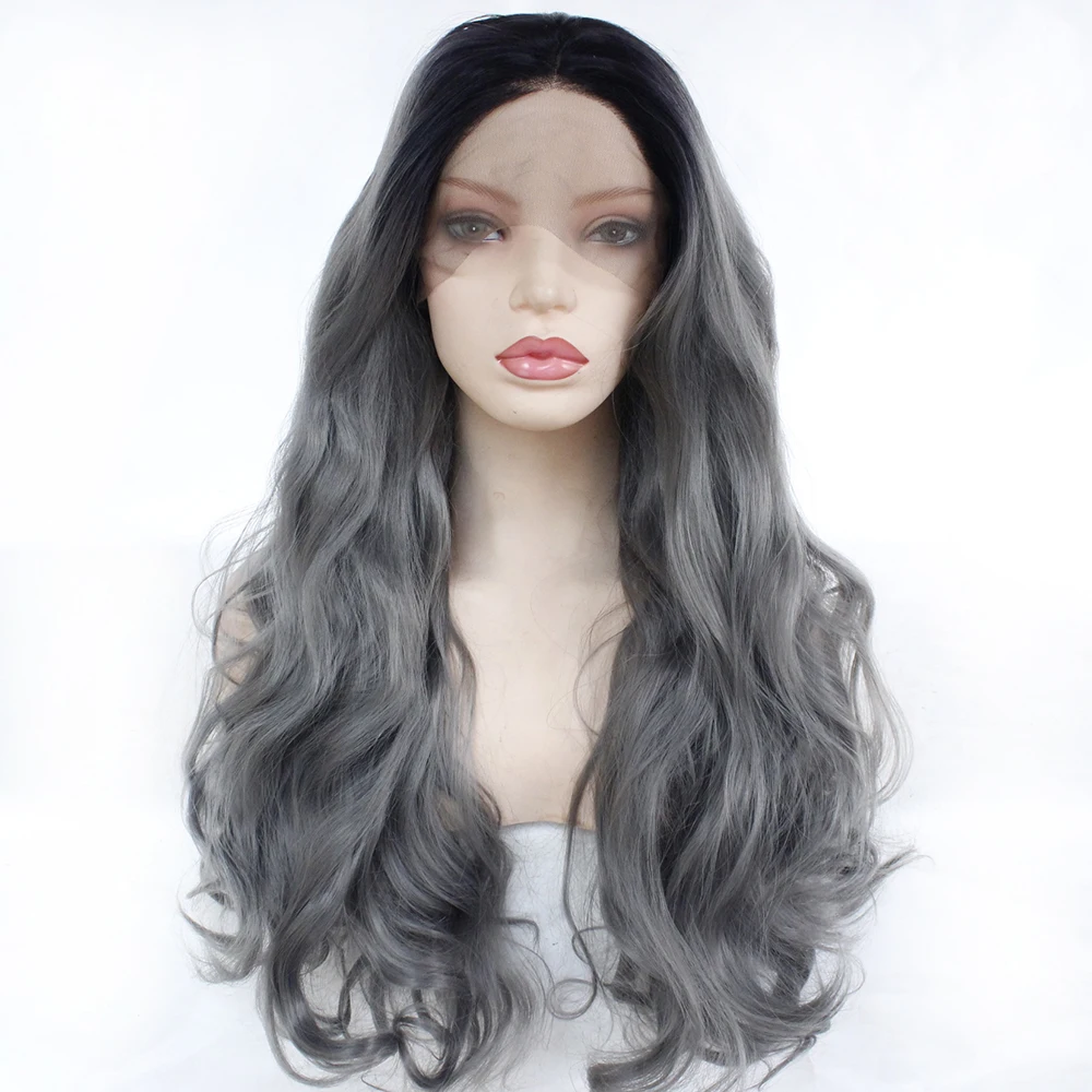 Body Wave Black Roots Ombre Dark Grey Synthetic Lace Front Wigs High Temperature Fiber Cosplay Daily Natural Wigs For Women Body Wave Black Roots Ombre Dark Grey Synthetic Lace Front Wigs High Temperature Fiber Cosplay Daily Natural Wigs For Women