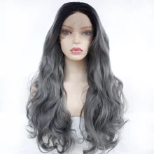Body Wave Black Roots Ombre Dark Grey Synthetic Lace Front Wigs High Temperature Fiber Cosplay Daily Natural Wigs For Women Body Wave Black Roots Ombre Dark Grey Synthetic Lace Front Wigs High Temperature Fiber Cosplay Daily Natural Wigs For Women