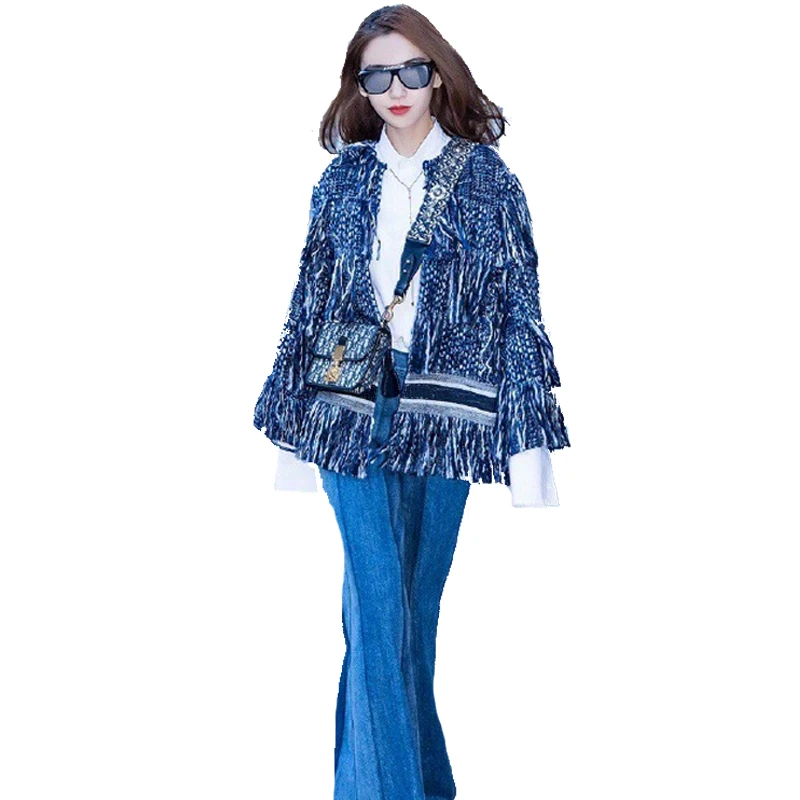 

2018 new long sleeved blue tweed tassel cardigan jacket
