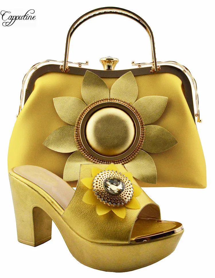 

Amazing high heel shoes and bag sets fashion party sandals with handbag set QSL003 in yellow
