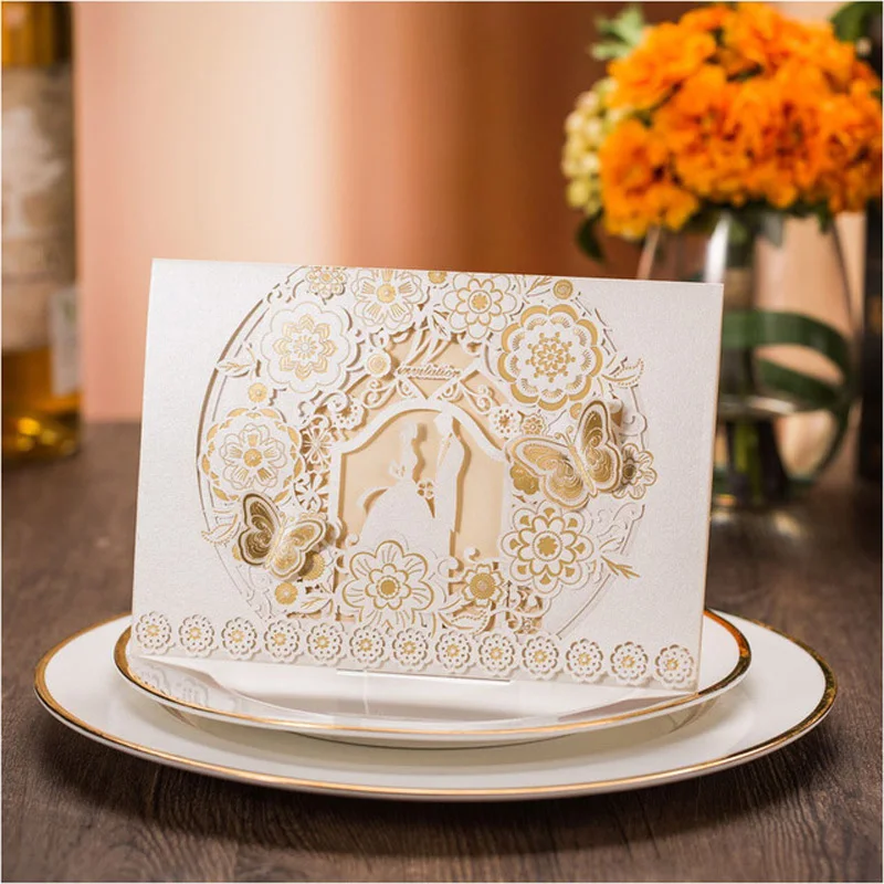 

50pc Wedding Invitation Cards Gold White Laser Cut Butterfly Flora Marriage Invitations Free Custom Printing+Envelope