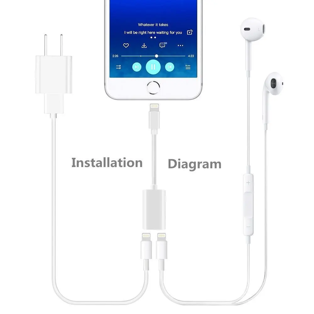 FOXSUN Dual for Lightning adapter Headphone Jack Audio and Charge Splitter for iPhone X 8 7 Support Music and Calling Function