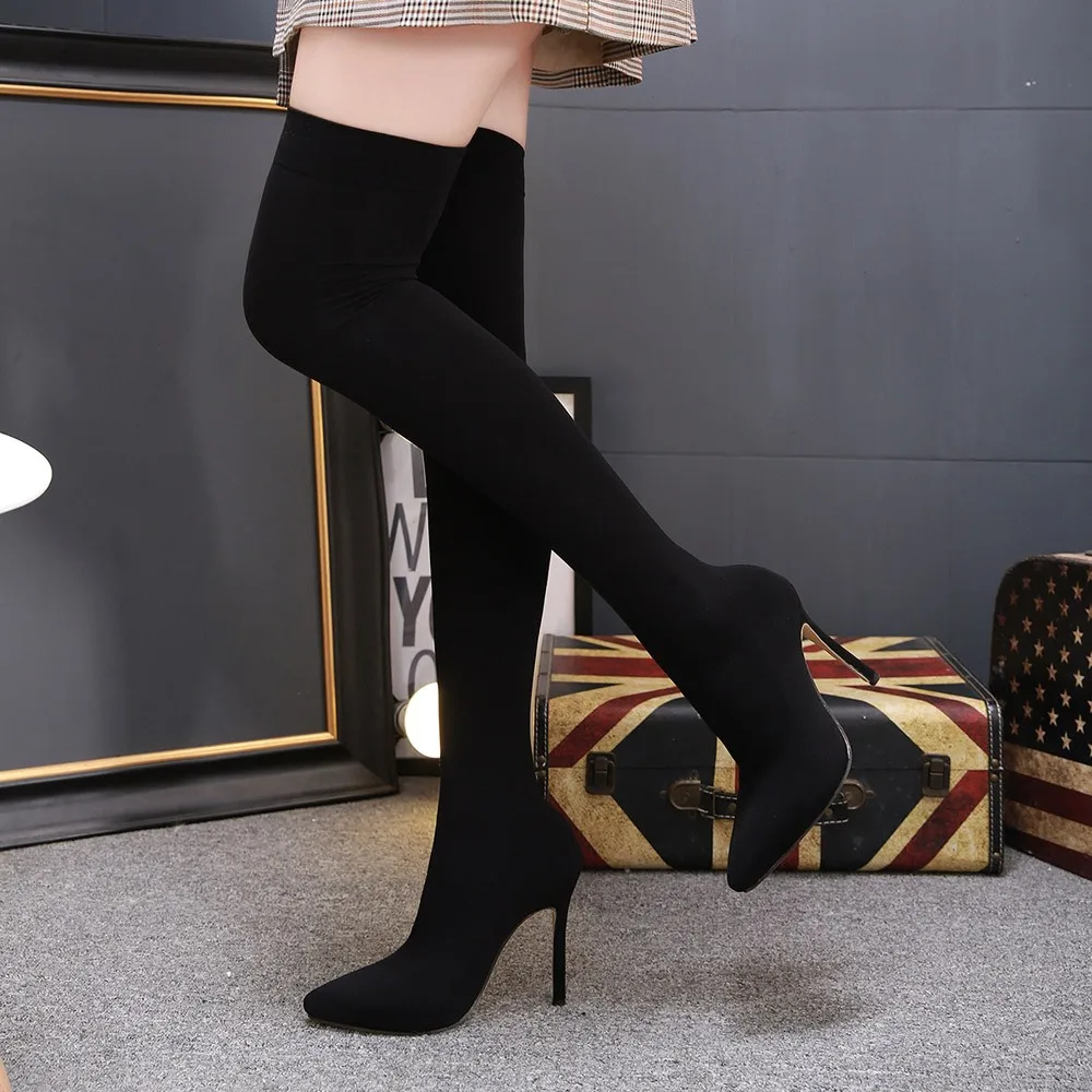 YOUYEDIAN mujeres Sexy taladro botas elásticas altos de Punta tacones medias sobre la rodilla botas scarpe deportivo donna #25|Botas sobre la rodilla| - AliExpress