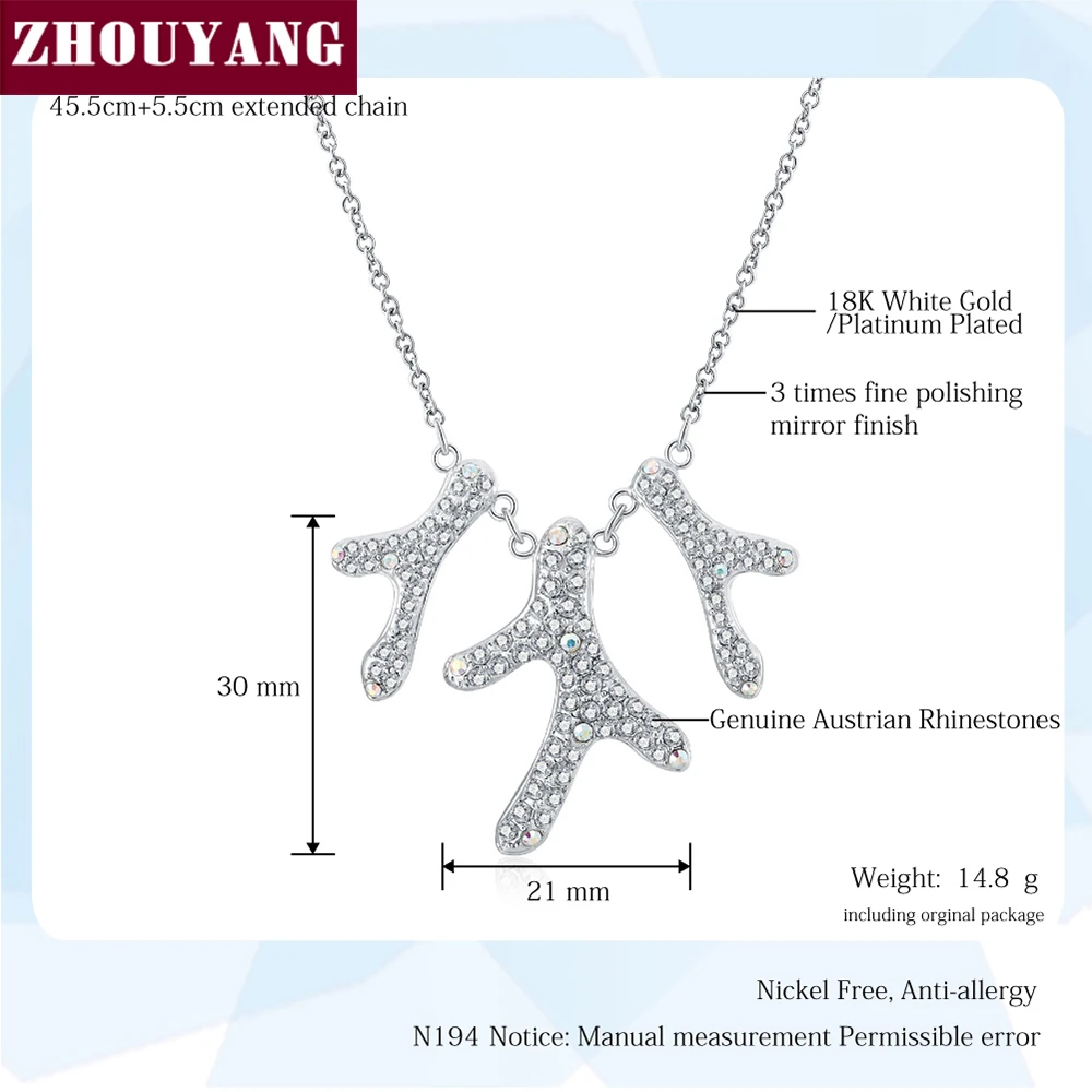 ZHOUYANG Top Quality ZYN194 Branch Necklaces Silver Color Fashion Pendant Jewelry Made with Austria Crystal Wholesale