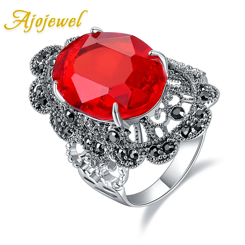 

Ajojewel size 6.5-8-9 Vintage Jewelry Shining Big Oval Red Crystal Rings For Women Hollow Out Flower Finger Anel