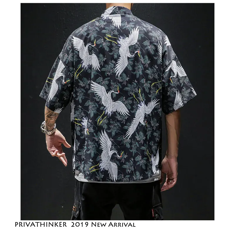 

Privathinker Men Streetwear Shirts 2019 Summer Mens Chinese Vintage Half Coat Shirt Male White Crane Pattern