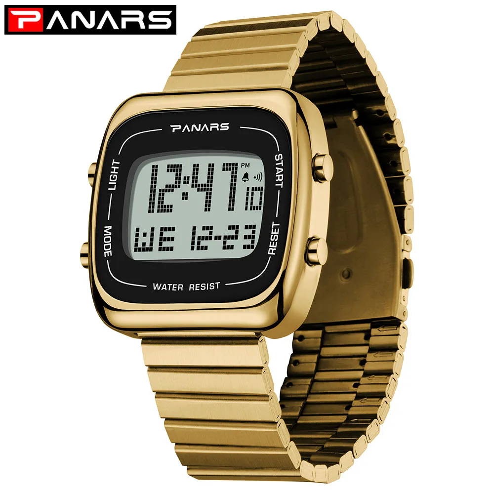 PANARS Sports Digital Watches Men Business Square Retro Waterproof Count Down Timer Digital Stopwatch Clock g Watch Shock Gold - Цвет: Золотой